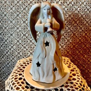 Glazed porcelain Angel with horn vintage tea light 2 piece